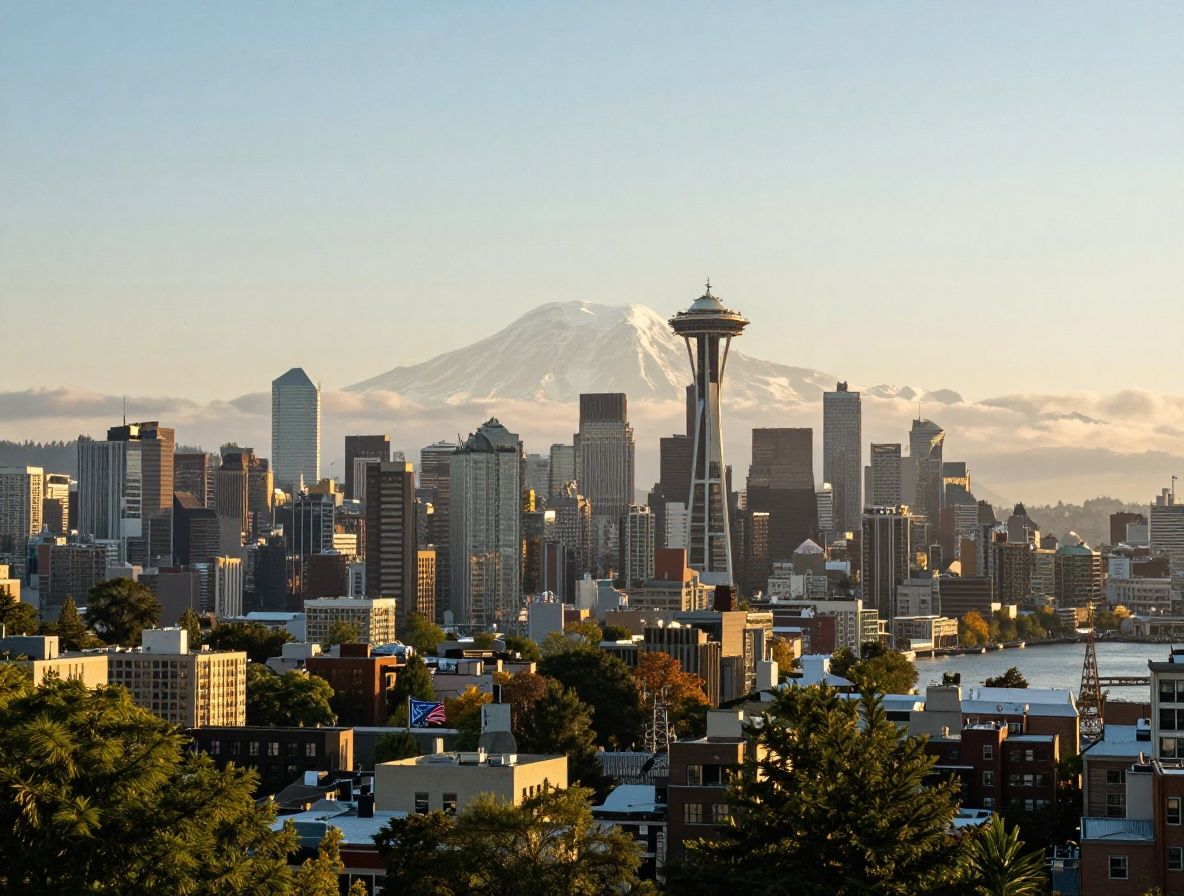 Vista aérea del centro de Seattle con el Monte Rainier al fondo y el Puget Sound brillando bajo el sol de mañana
