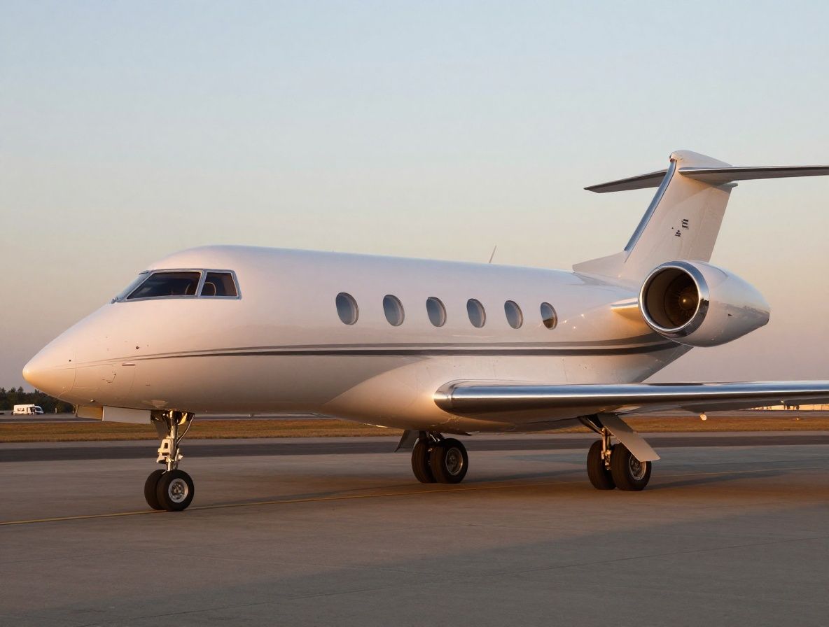 Jet privado Gulfstream G700 en pista de aeropuerto privado con luz dorada de atardecer reflejada en su fuselaje blanco