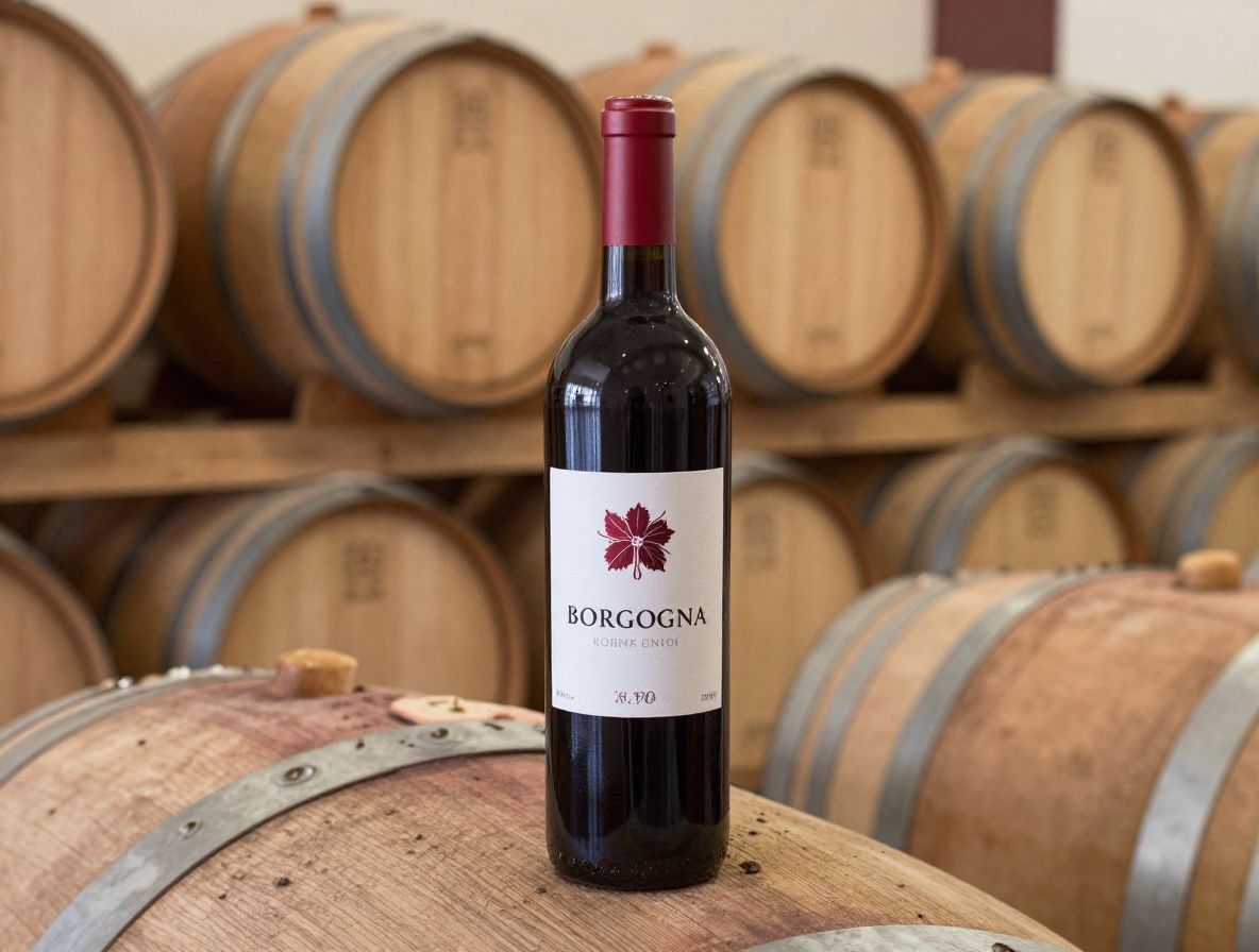 Copa de vino Borgogna con vino tinto premium siendo catado en bodega con barricas de roble y luz tenue