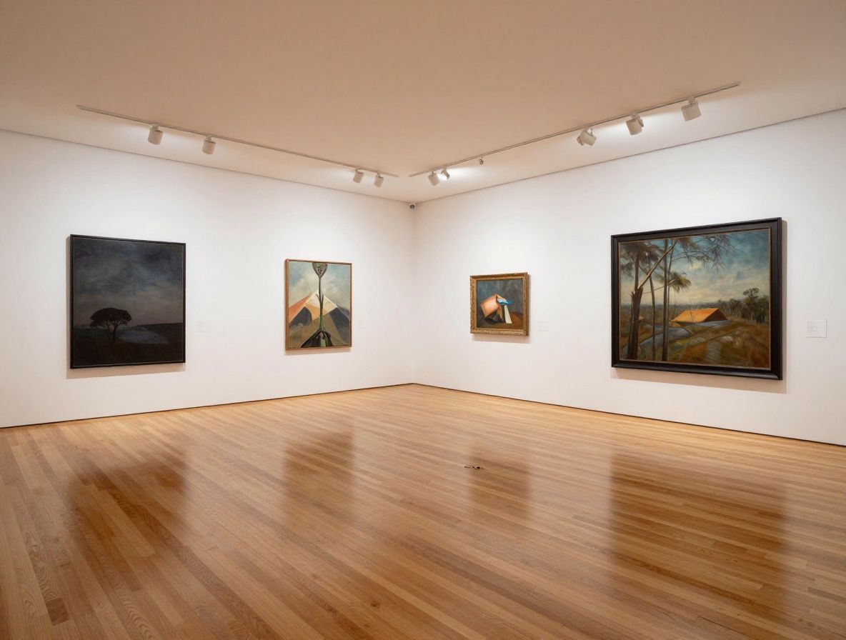 Galería de arte contemporáneo en Nueva York con obras de gran formato iluminadas por luz cenital y suelo de madera pulida