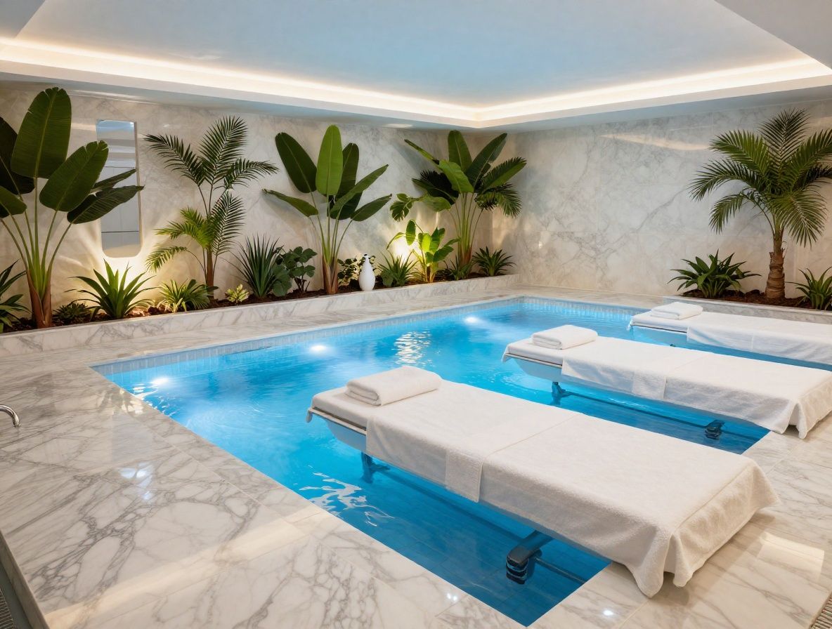 Sala de spa de lujo con piscina de hidroterapia iluminada en azul, plantas tropicales y tumbonas de mármol blanco