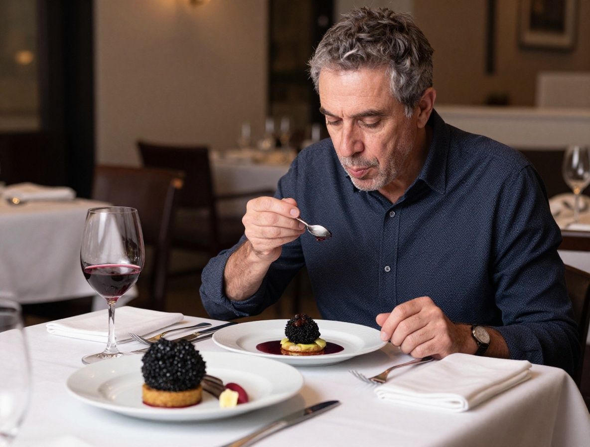 Plato de degustación de alta cocina con trufa negra rallada y reducción de vino tinto servido en restaurante con estrella Michelin