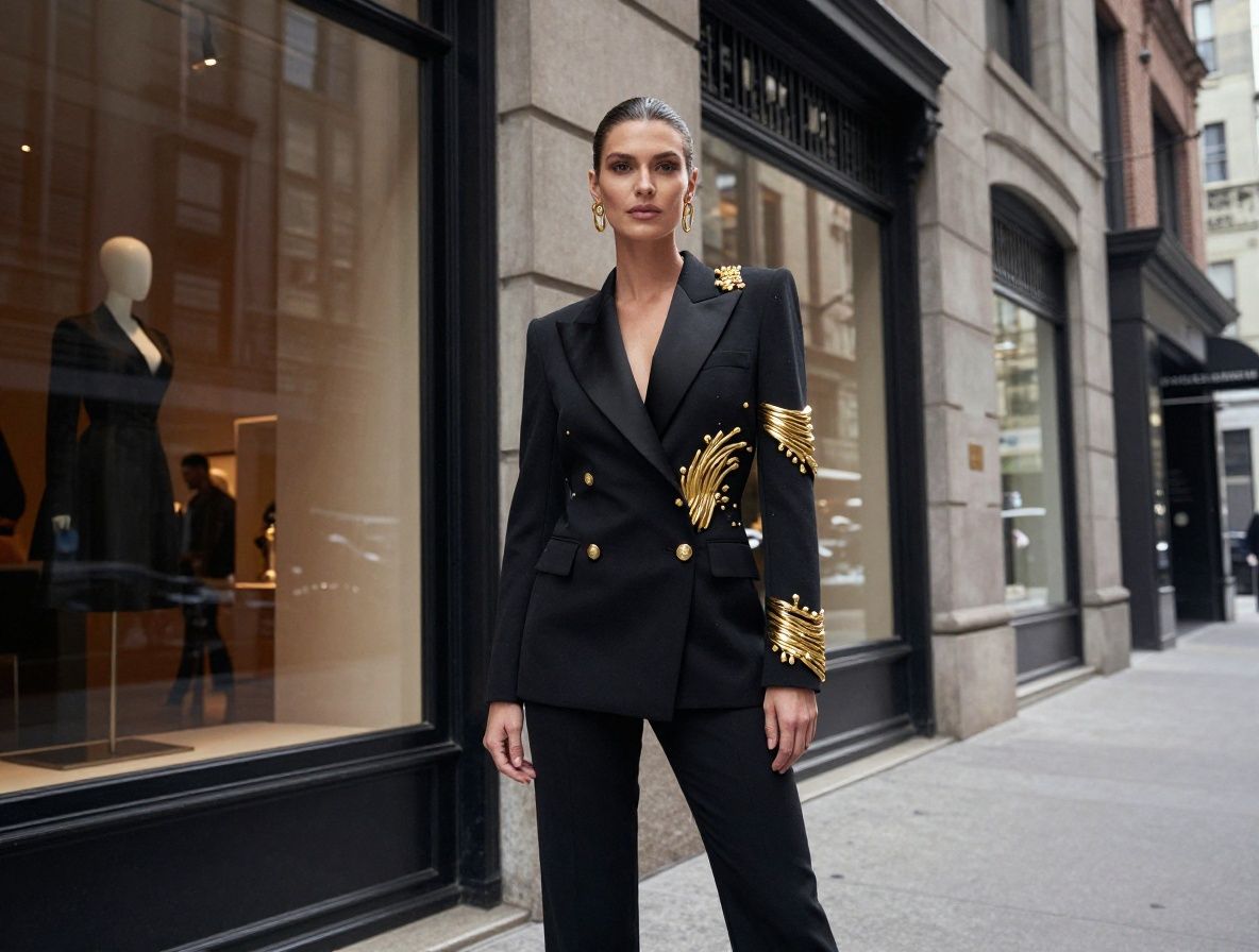 Modelo vistiendo traje de alta costura negro con accesorios dorados en una galería de arte contemporáneo de Nueva York