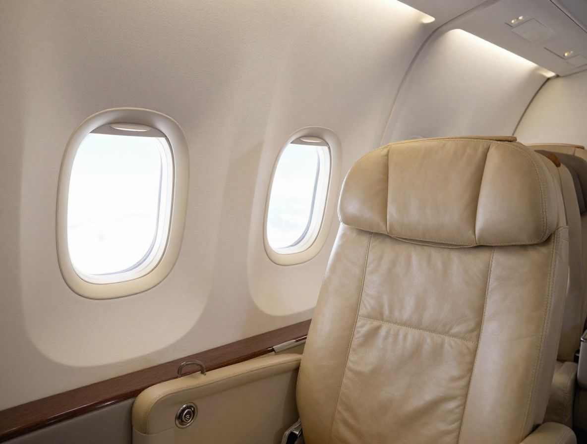 Cabina de primera clase de avión privado con asientos de cuero beige y ventanillas panorámicas sobre nubes