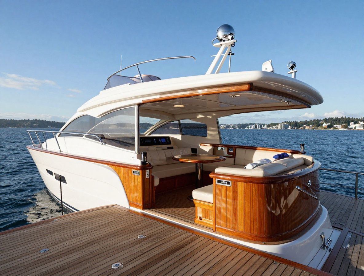Interior de un yate de lujo privado con cubierta de madera y vistas al océano Pacífico desde Seattle