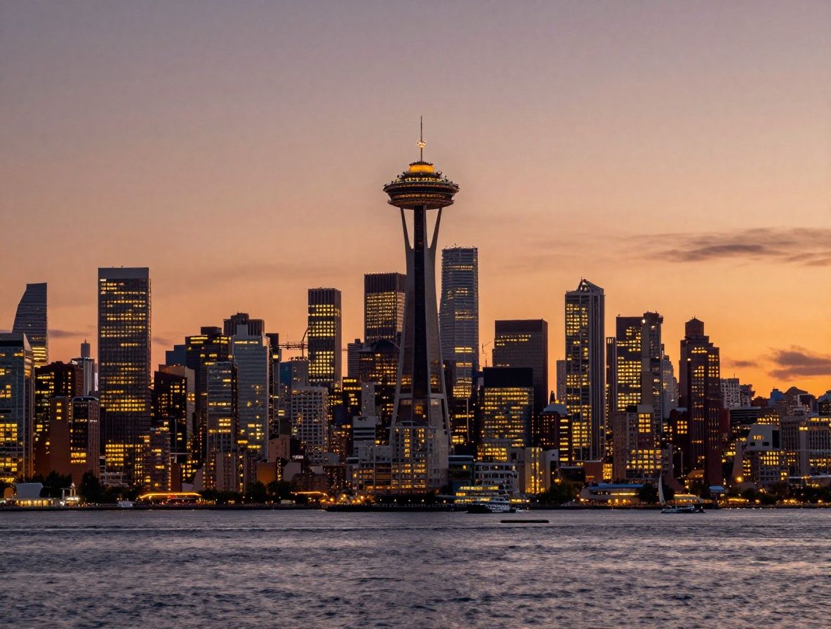 Vista panorámica del skyline de Seattle al atardecer con destellos dorados sobre el agua de Puget Sound